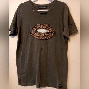 Lulu Simon Studio's Grey Distressed Leopard Lip Tee